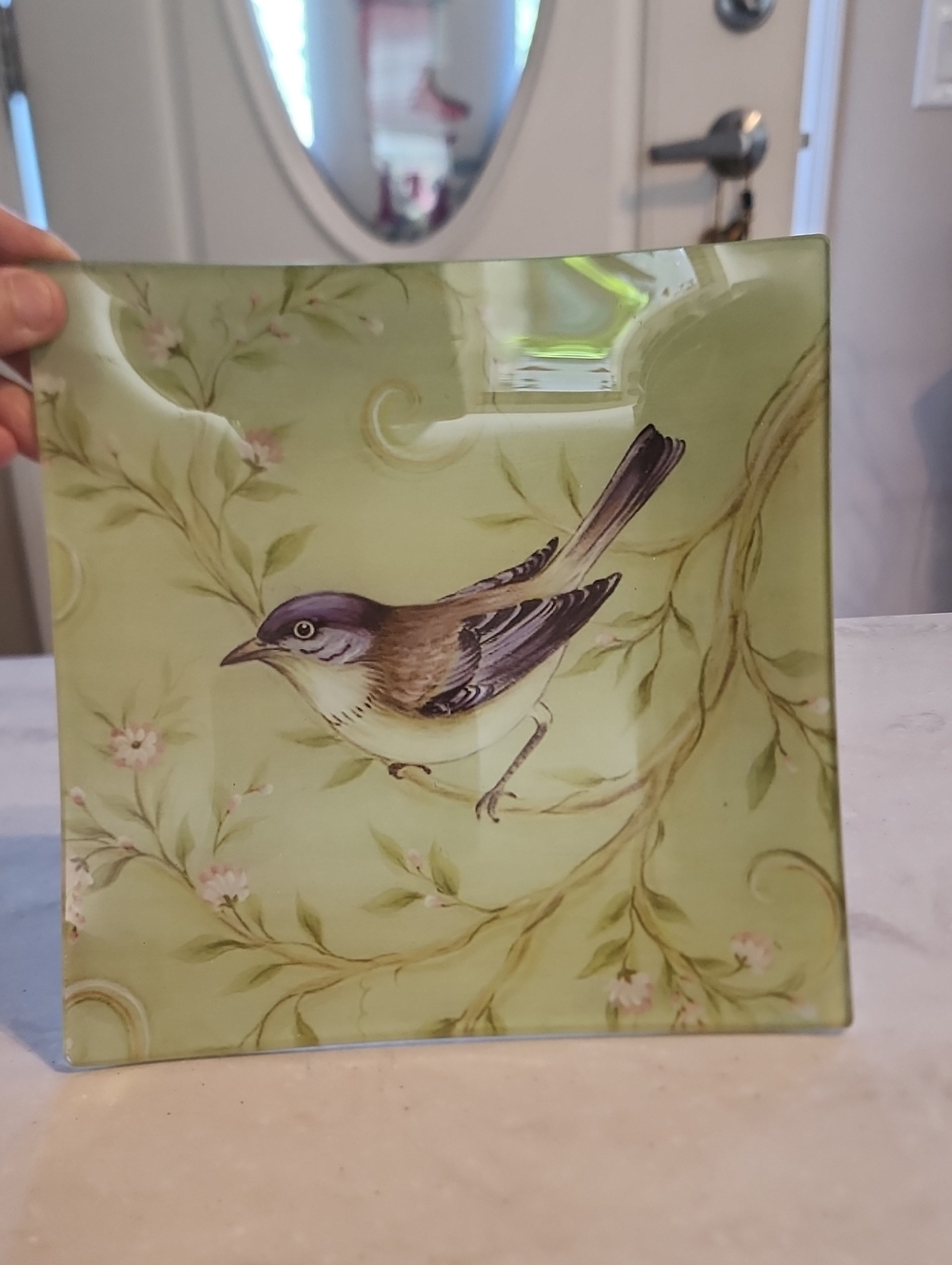 Glass Decorative Plate with Hand-Painted Bird Motif - Green 8x8